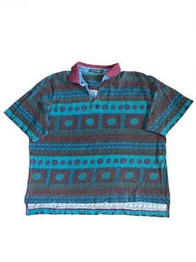 Vintage 90s Men's Teal & Purple Patterned Polo Shirt - Propeller
